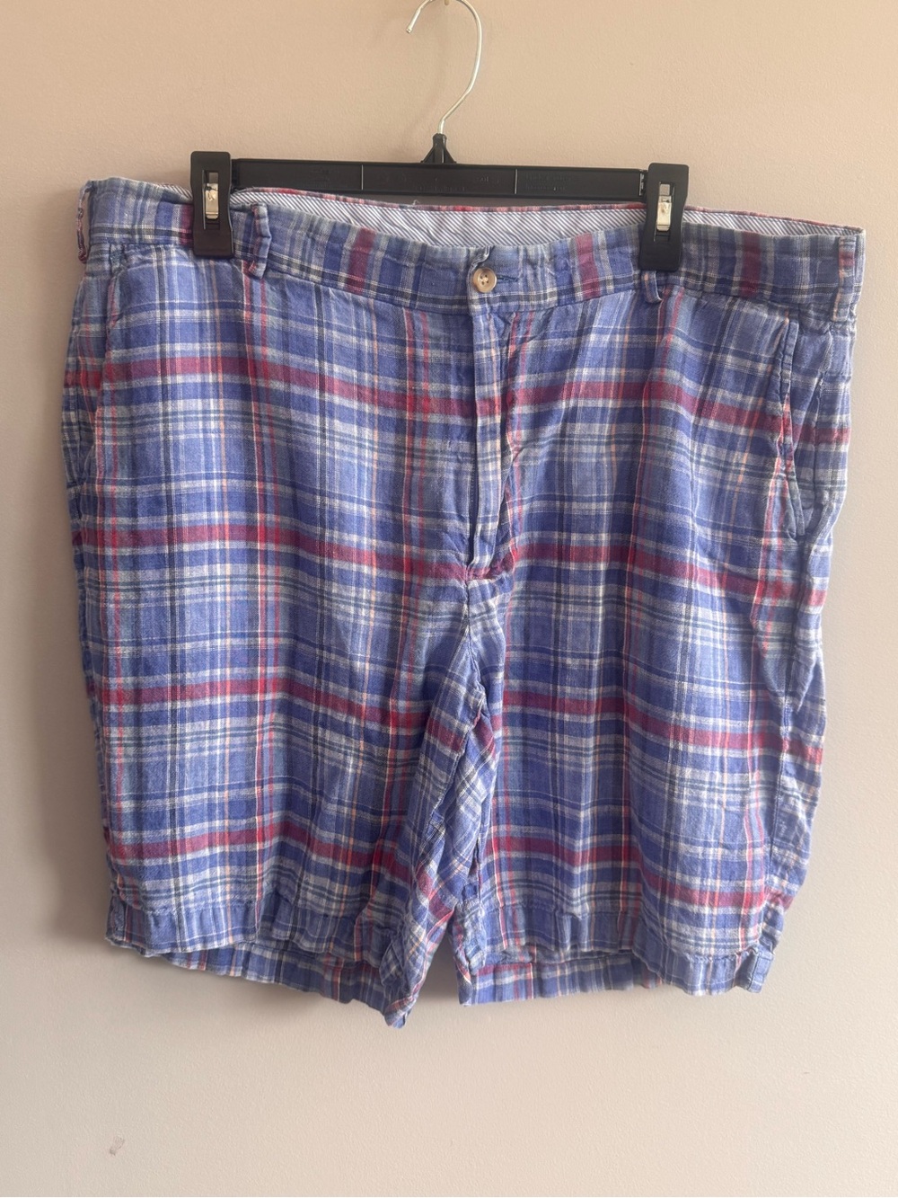 Peter Millar Men’s 38 100% Linen Plaid Shorts Blue Red